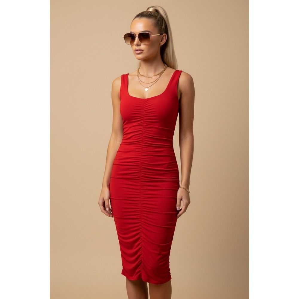 NEW Red Ruched Bodycon Midi Dress Size Small Scoop Neck Sleeveless Cocktail